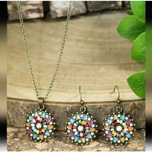 Vintage Round Antique Bronze Distressed Multicolor Floral 3pc set - Picture 4 of 5